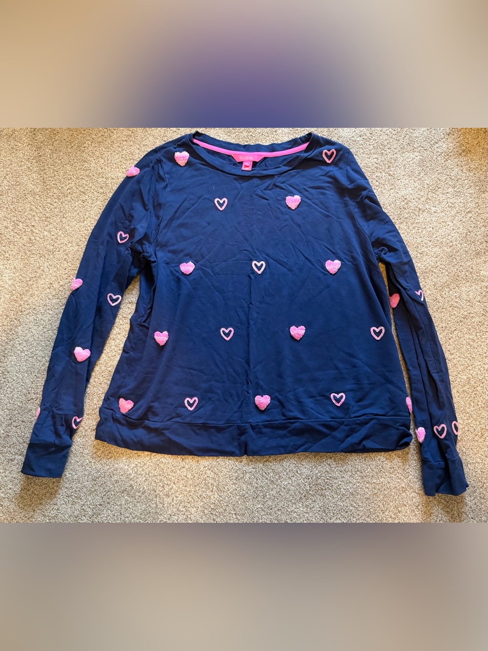 Lilly Pulitzer Navy Blue Long-Sleeve Top with Pink Heart Chenille Appliqués